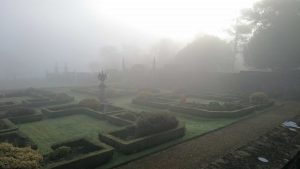 foggy historic garden